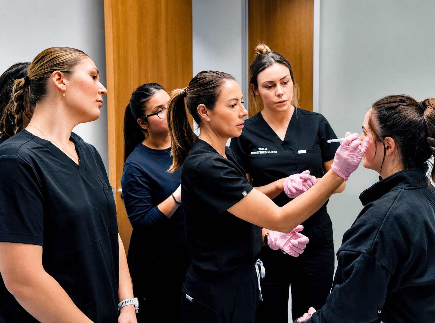 Faculty trainer guiding a small group of trainees through a live injection technique